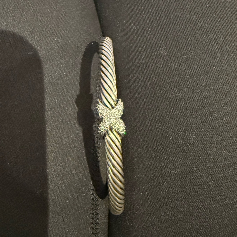 David Yurman Single X Diamond Cable Cuff Sterling Silver Bracelet